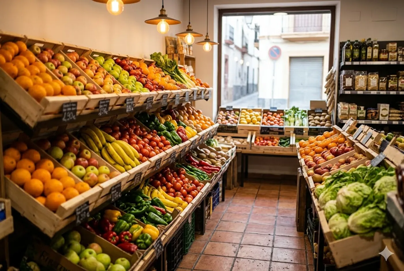 Sección de frutería con frutas y verduras frescas en Los Molinos La Vera