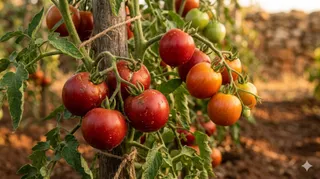 Tomates rojos maduros de cosecha propia en la huerta de Los Molinos