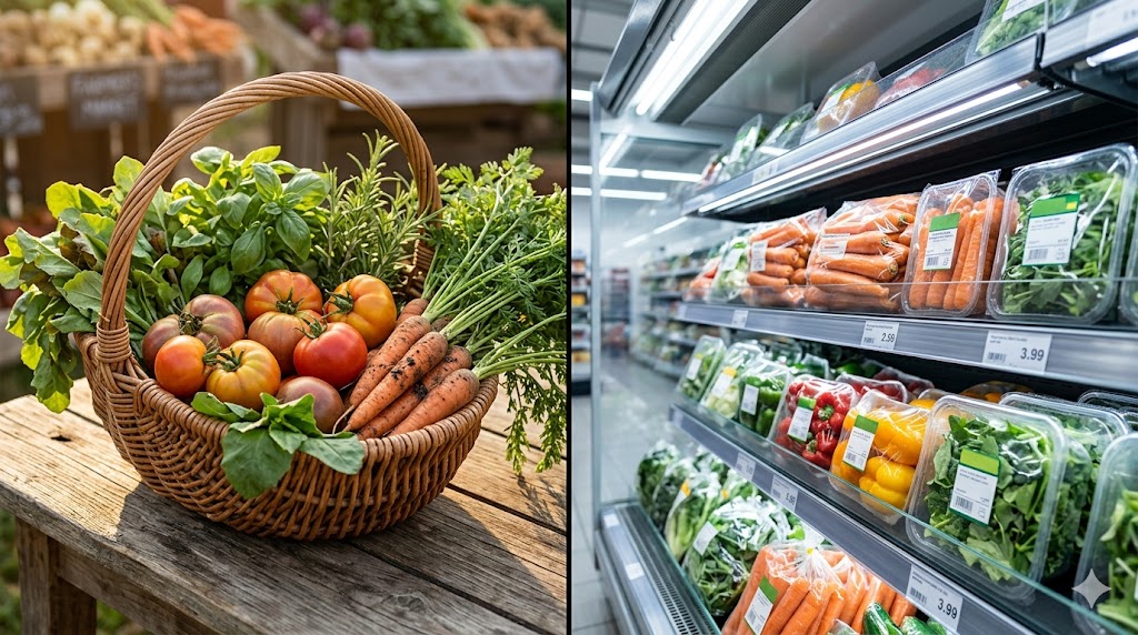 Mostrador de productos frescos en tienda local vs lineal de supermercado